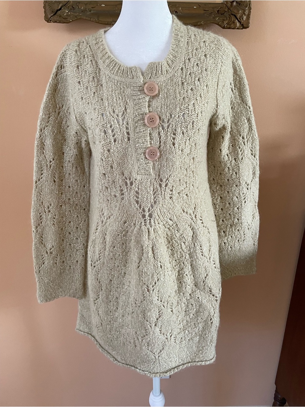 Cotton Poly Alpaca Knit Button Top Pullover Tunic Micro Mini Pullover Sweater ML